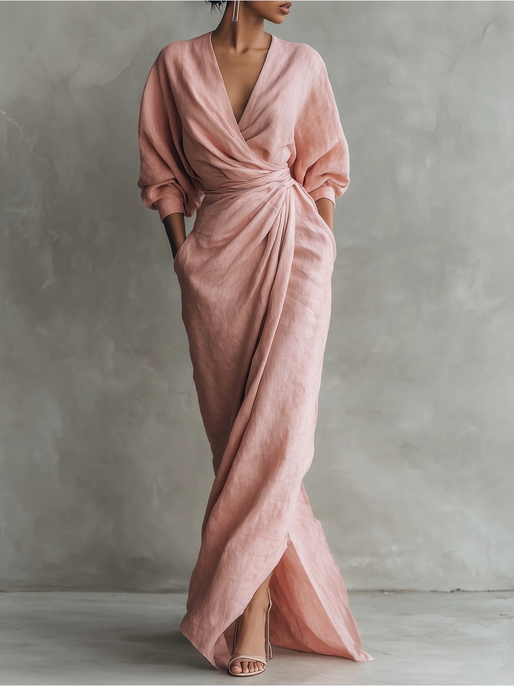 NWT MODESEES SIZE S Pink Minimalist V-neck Linen Blend Maxi Dress WRAP